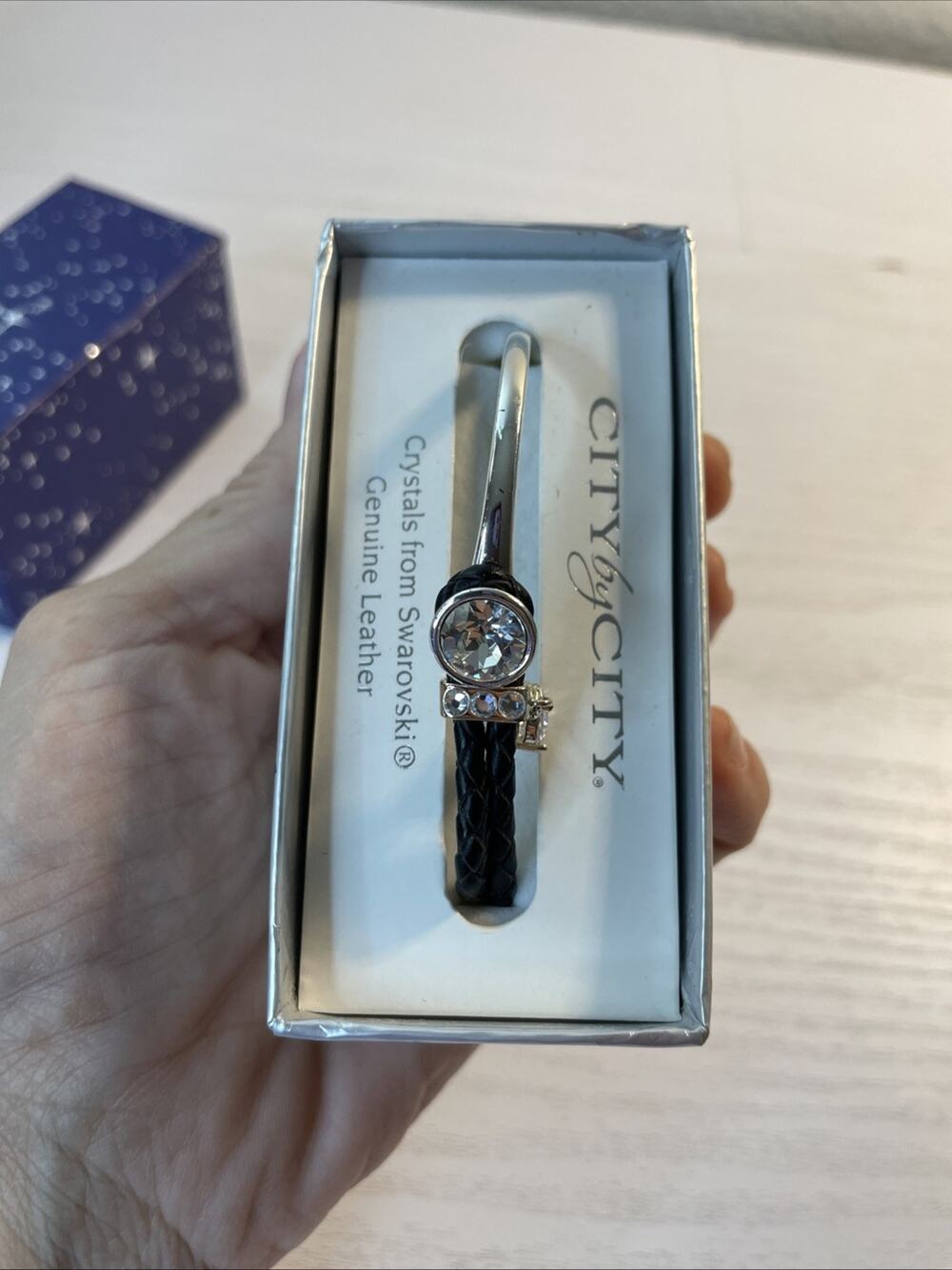 City by City Black Leather & Swarovski Crystal Bangle Bracelet
